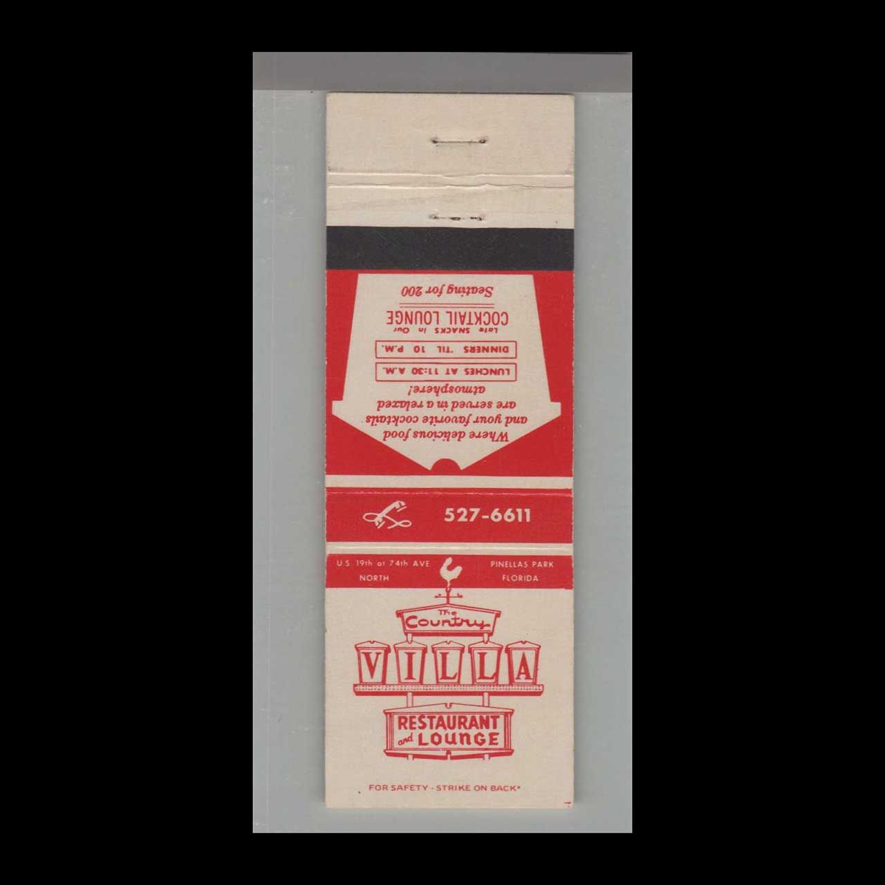 Villa Restaurant and Lounge Pinellas Park, FL Vintage Matchbook Advertising Cover