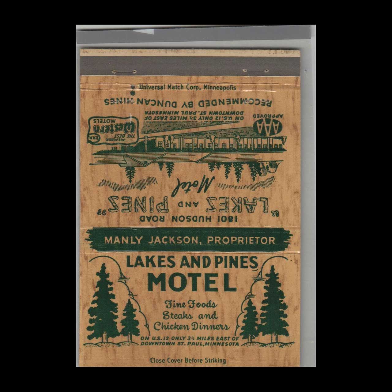 Lakes &amp; Pines Motel St. Paul, MN Vintage Matchbook Advertising Cover