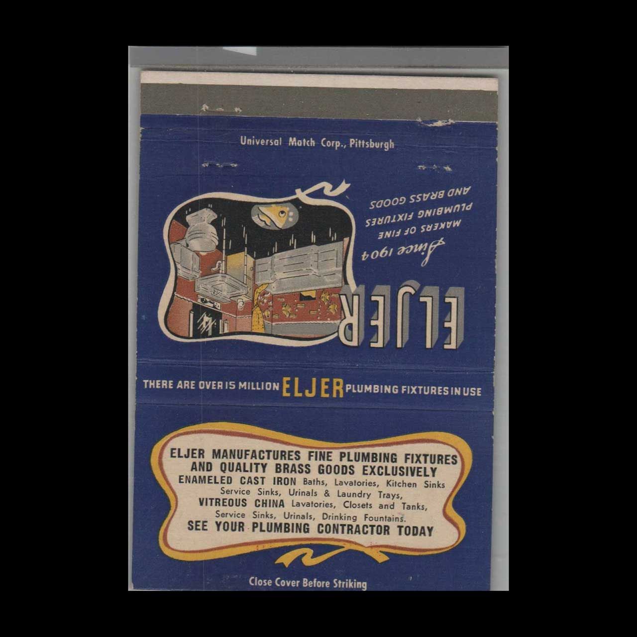 Eljer Plumbing Fixtures Since 1904 Vintage Matchbook Advertising Cover