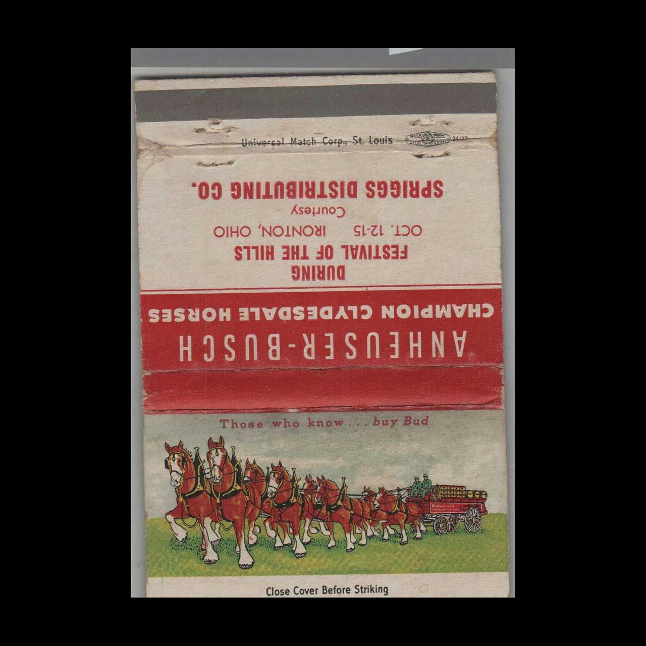 Anheuser-Busch Champion Clydesdale Horses Ironton, Vintage Matchbook Advertising Cover