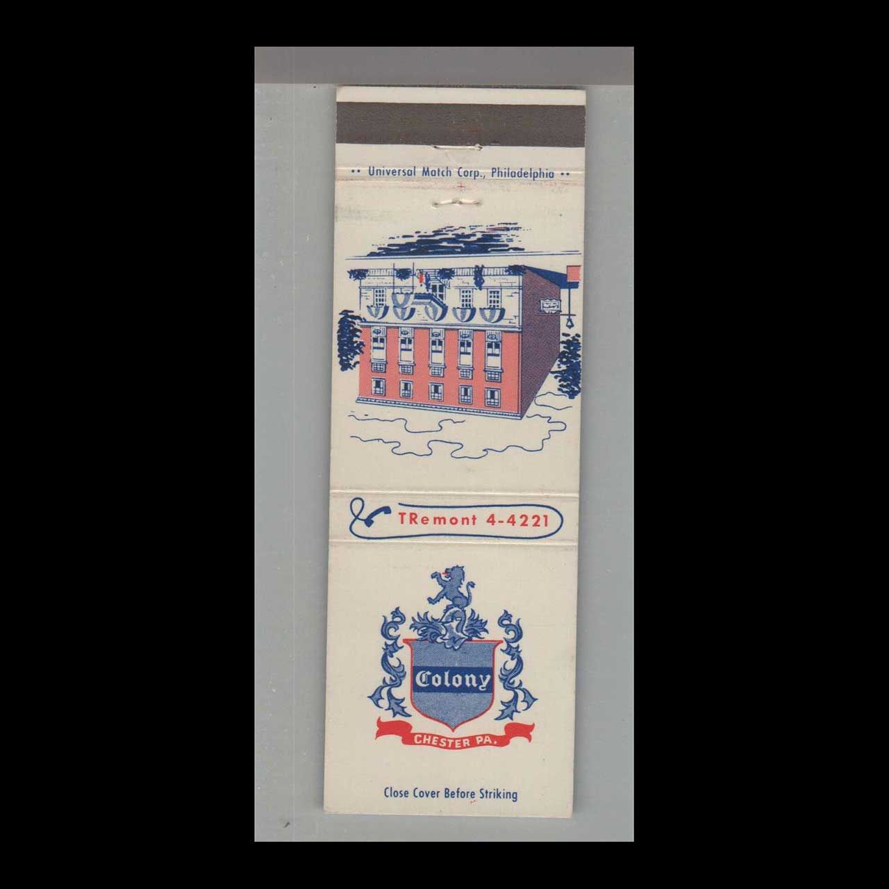 Colony Restaurant Chester, PA Vintage Matchbook Advertising Cover