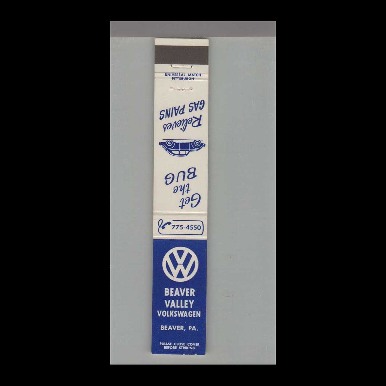 10 Strike  Beaver Valley VW Beaver, PA Vintage Matchbook Advertising Cover