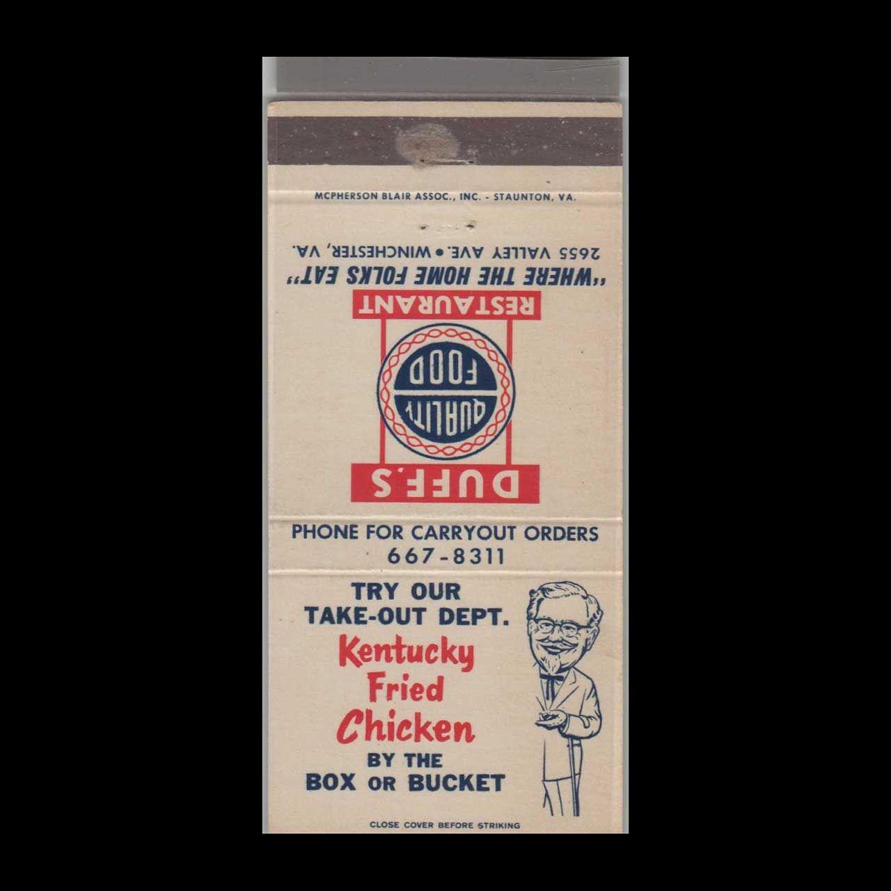 Kentucky Fried Chicken By The Box Or Bucket Winchester, VA Vintage Matchbook Advertising Cover