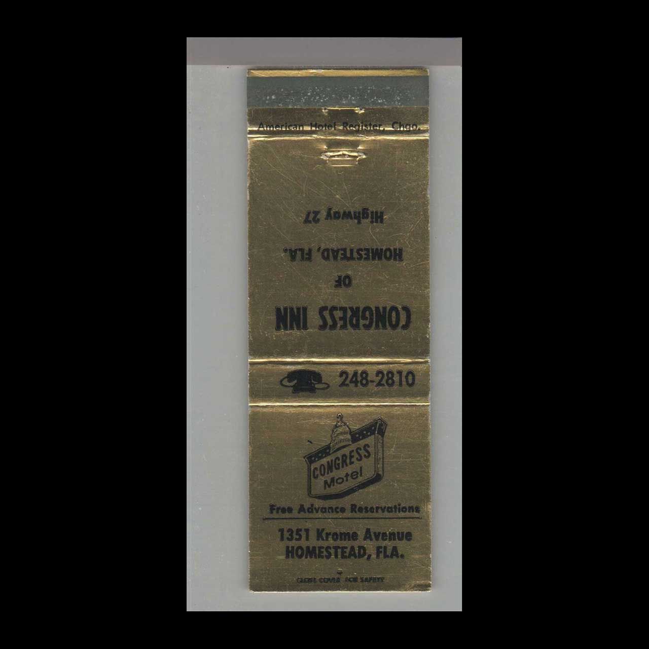 Congress Motel Homestead, FL Vintage Matchbook Advertising Cover