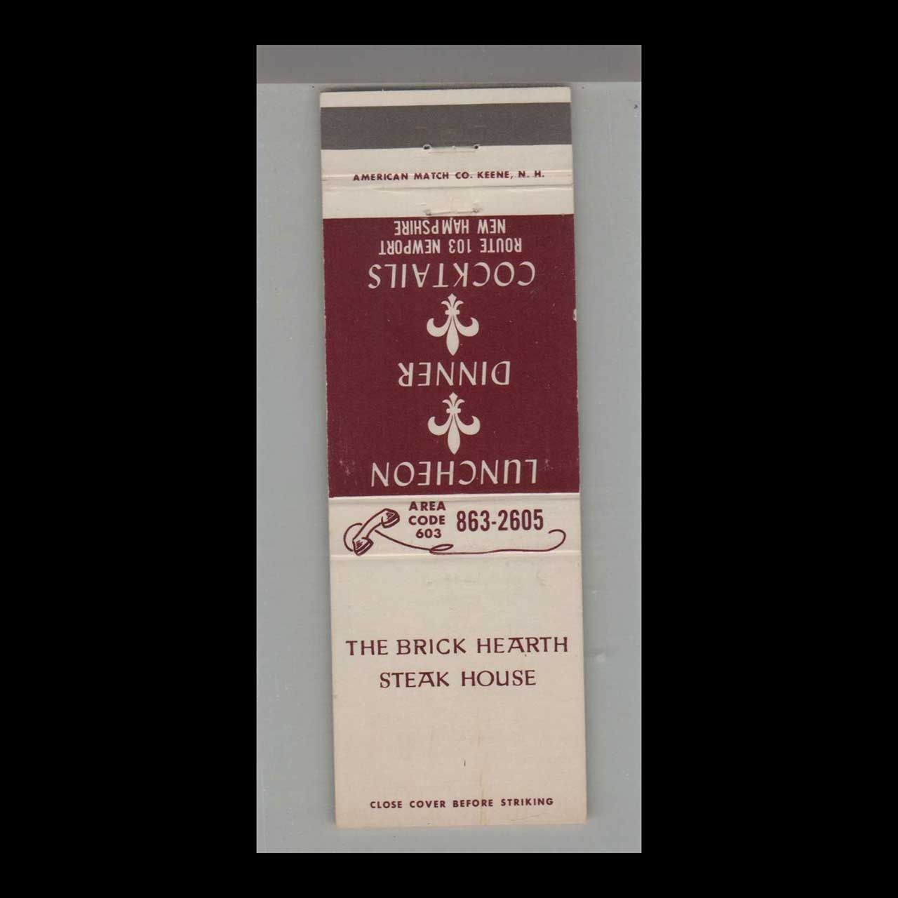 The Brick Hearth Steak House Newport, NH Vintage Matchbook Advertising Cover