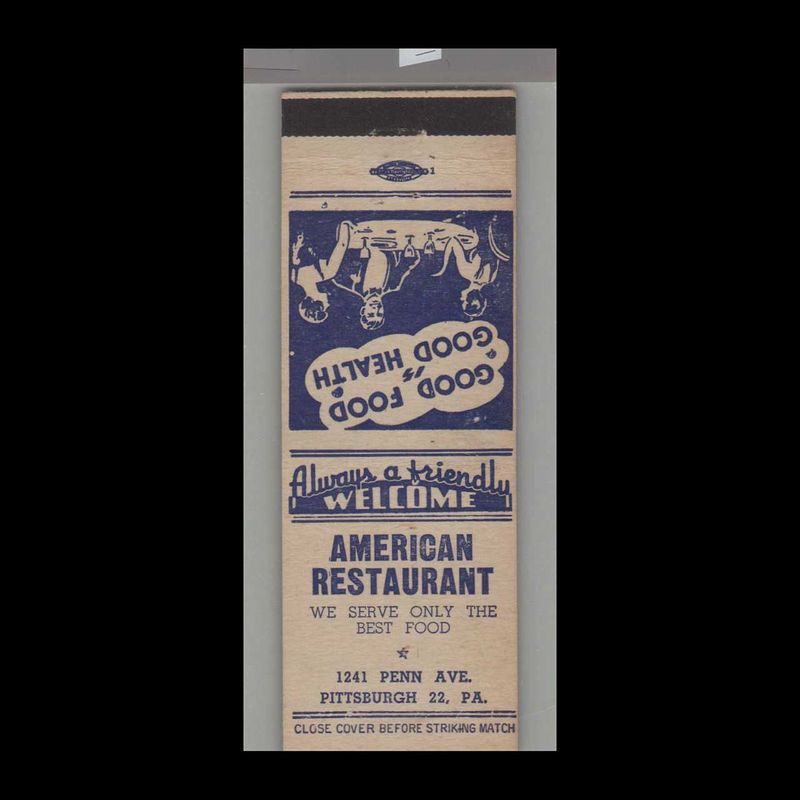 American Restaurant Pittsburgh 22, PA Vintage Matchbook Advertising Cover