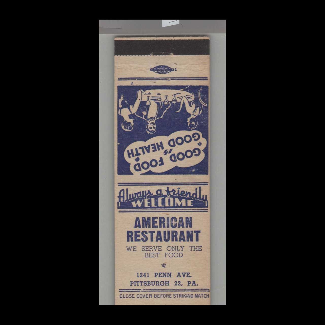 American Restaurant Pittsburgh 22, PA Vintage Matchbook Advertising Cover