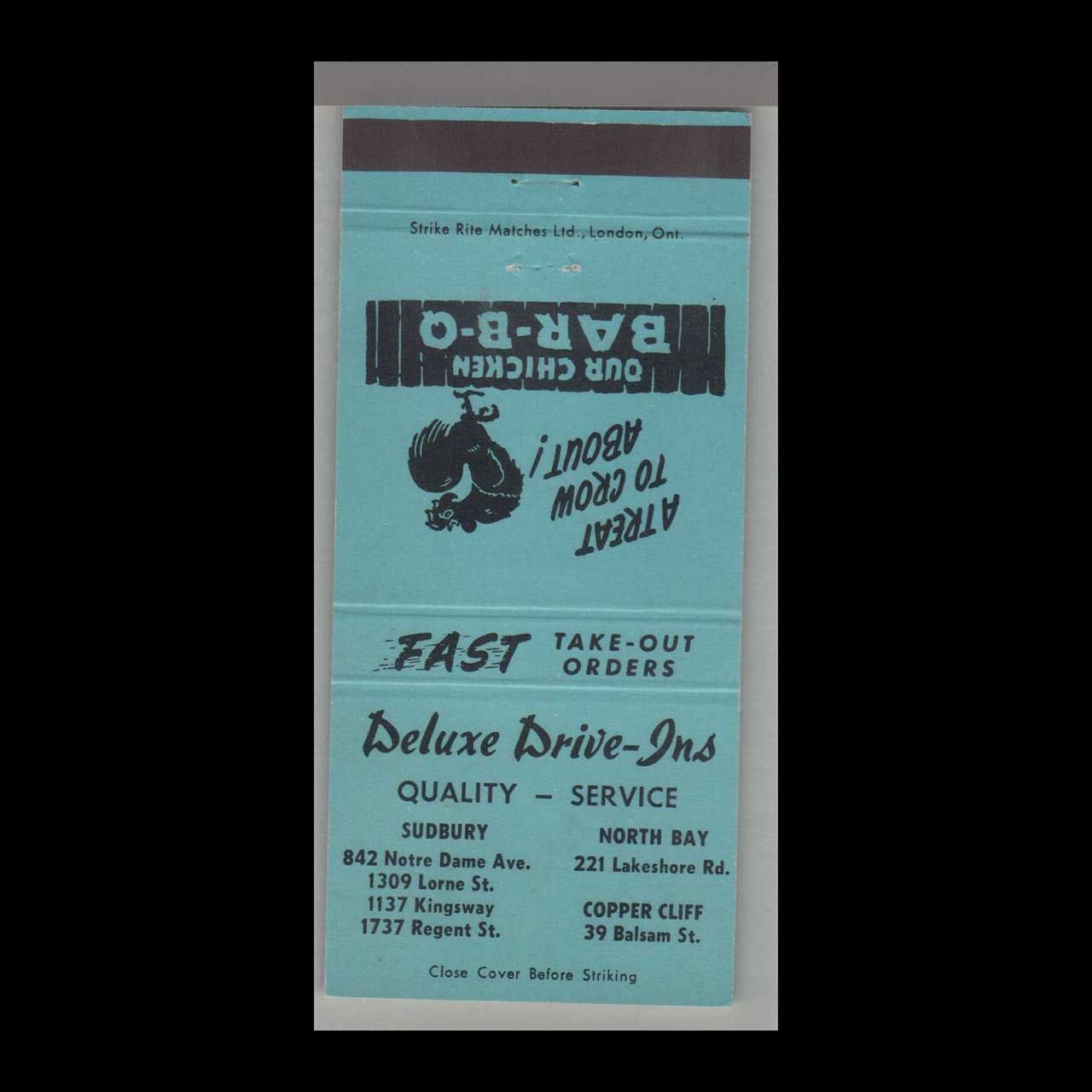 Rooster - Deluxe Drive Ins Sudbury, Quebec Canada Vintage Matchbook Advertising Cover