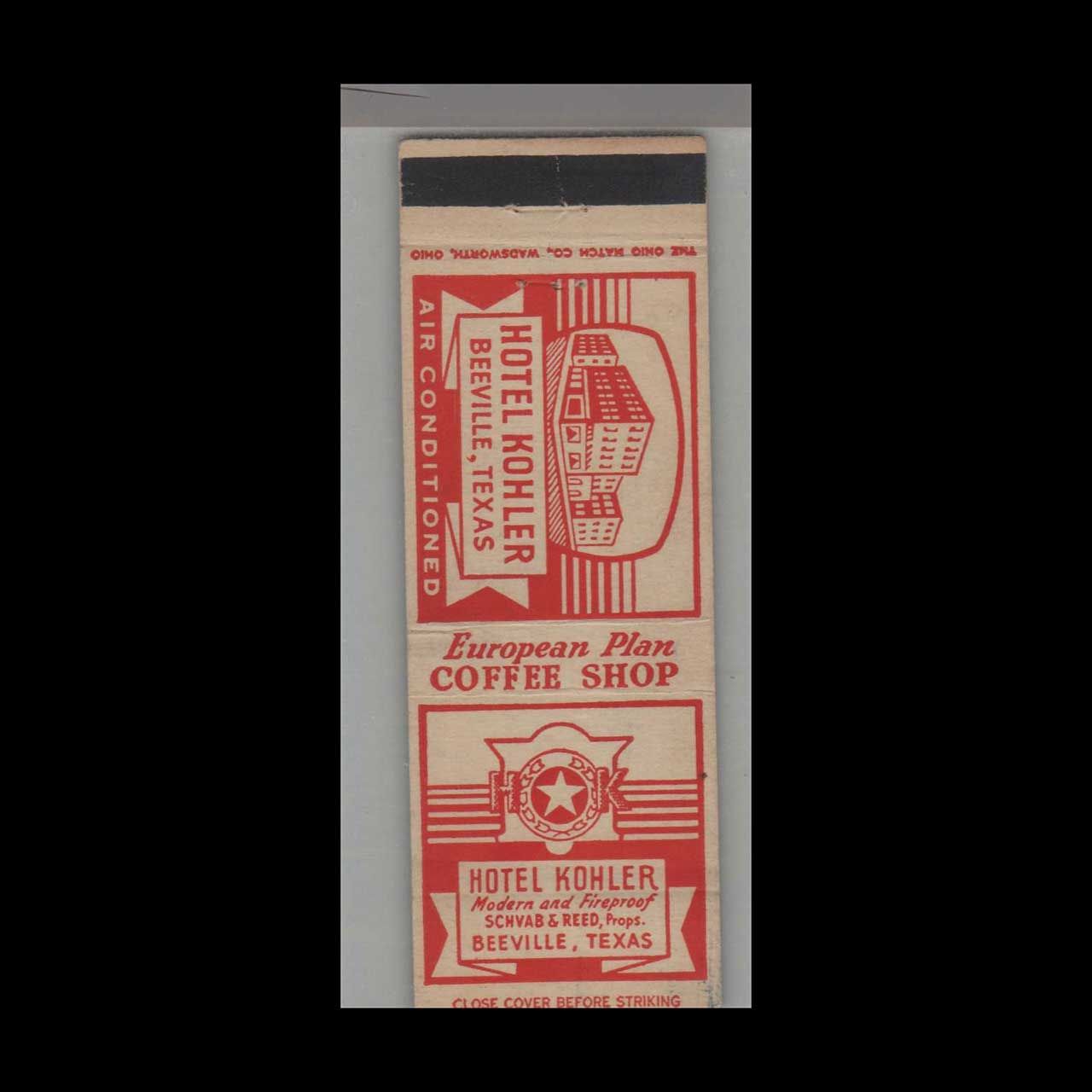 Hotel Kohler Beeville, TX Vintage Matchbook Advertising Cover