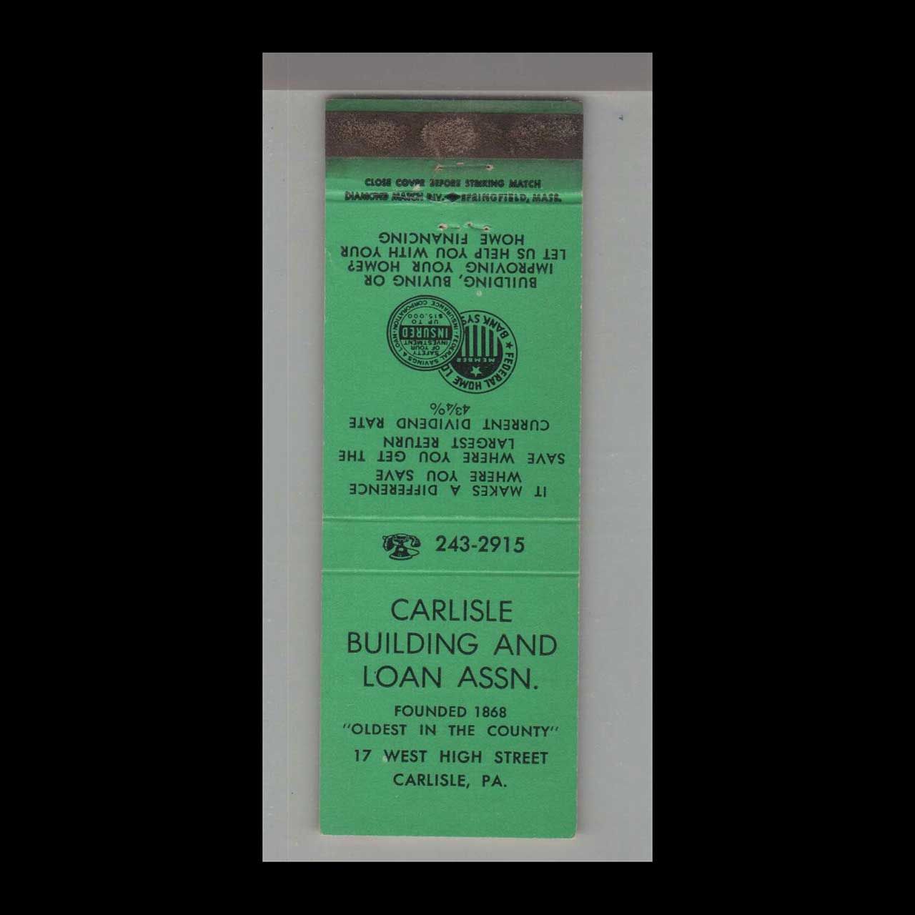 Carlisle Building &amp; Loan Assoc. Carlisle, PA Vintage Matchbook Advertising Cover