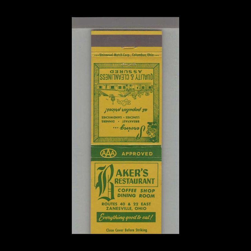Baker&#39;s Restaurant Zanesville, OH Vintage Matchbook Advertising Cover