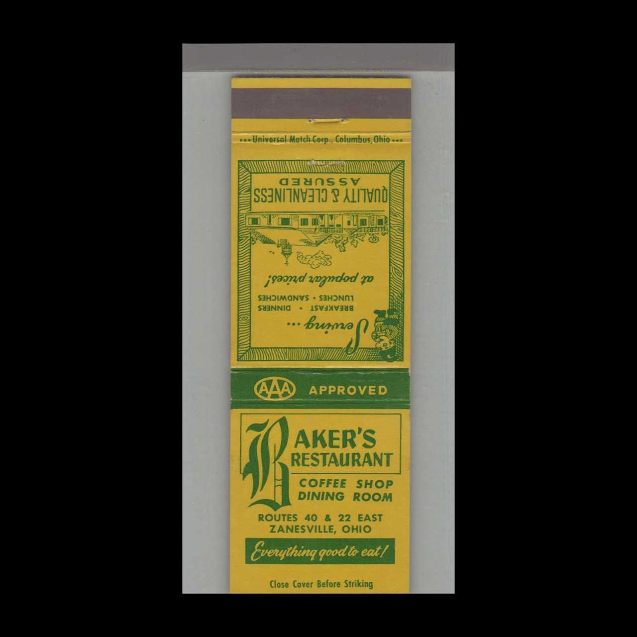 Baker&#39;s Restaurant Zanesville, OH Vintage Matchbook Advertising Cover