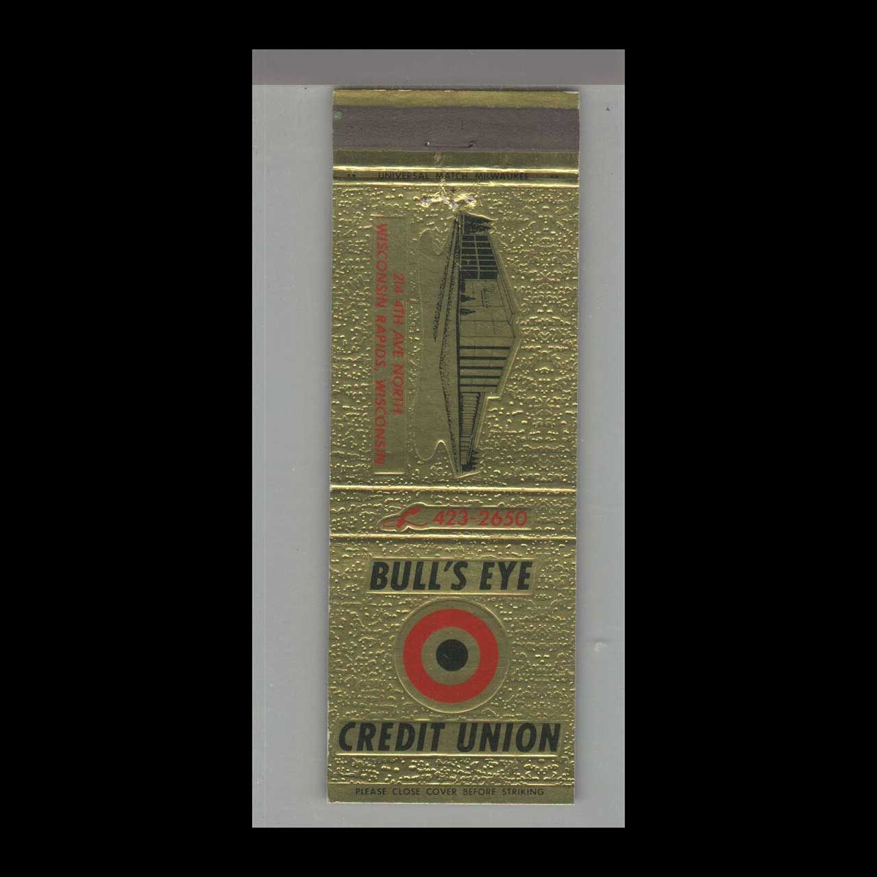 Bull&#39;s Eye Credit Union Wisconsin Rapids, WI Vintage Matchbook Advertising Cover