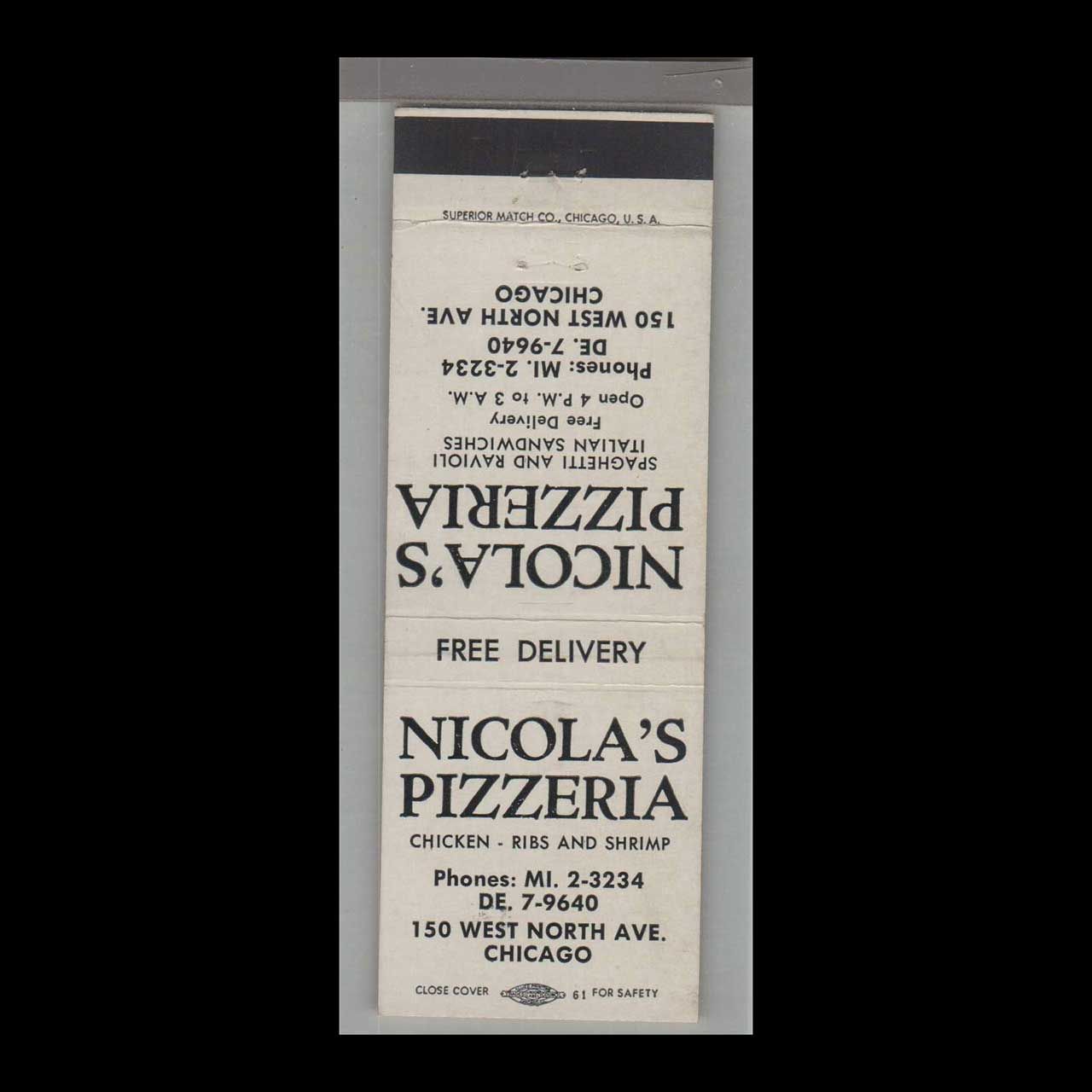 Pizza Place - Nicola&#39;s Pizzeria Chicago, IL Vintage Matchbook Advertising Cover