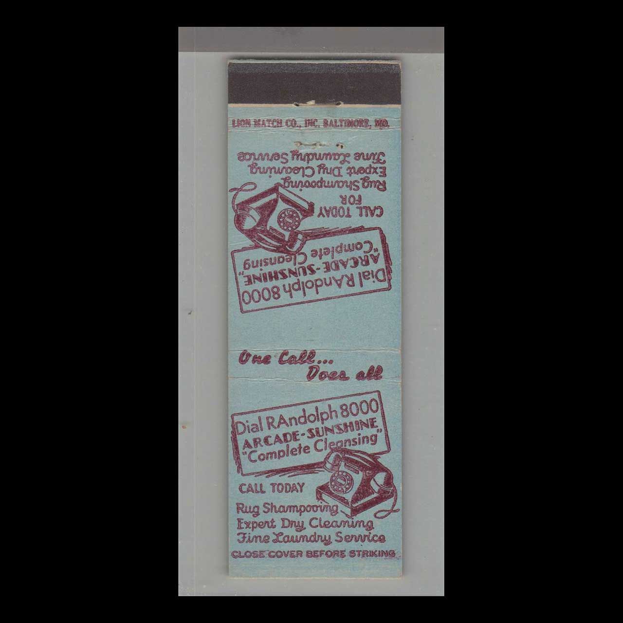 Telephone Pic - Arcade Sunshine Rug Shampooing Co. Vintage Matchbook Advertising Cover