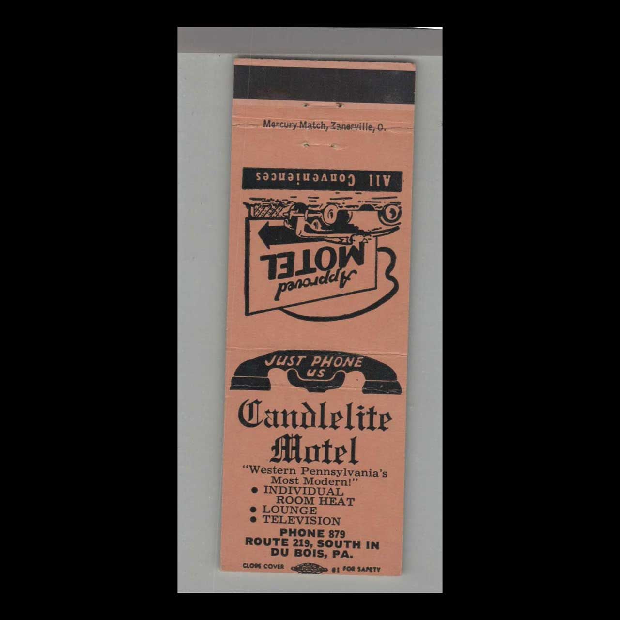 Candlelite Motel Du Bois, PA Vintage Matchbook Advertising Cover
