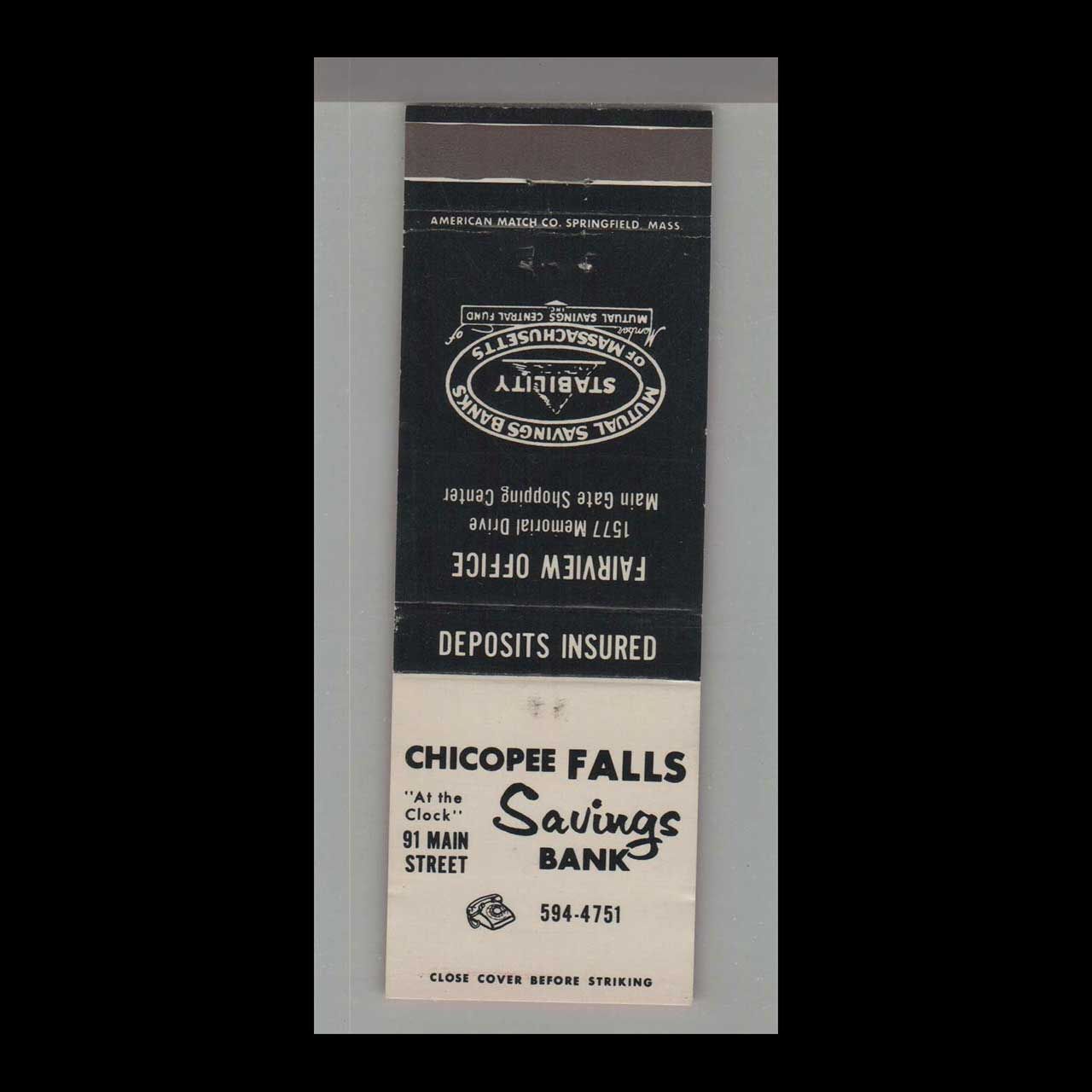 Chicopee Falls Savings Bank Chicopee Falls, MA Vintage Matchbook Advertising Cover