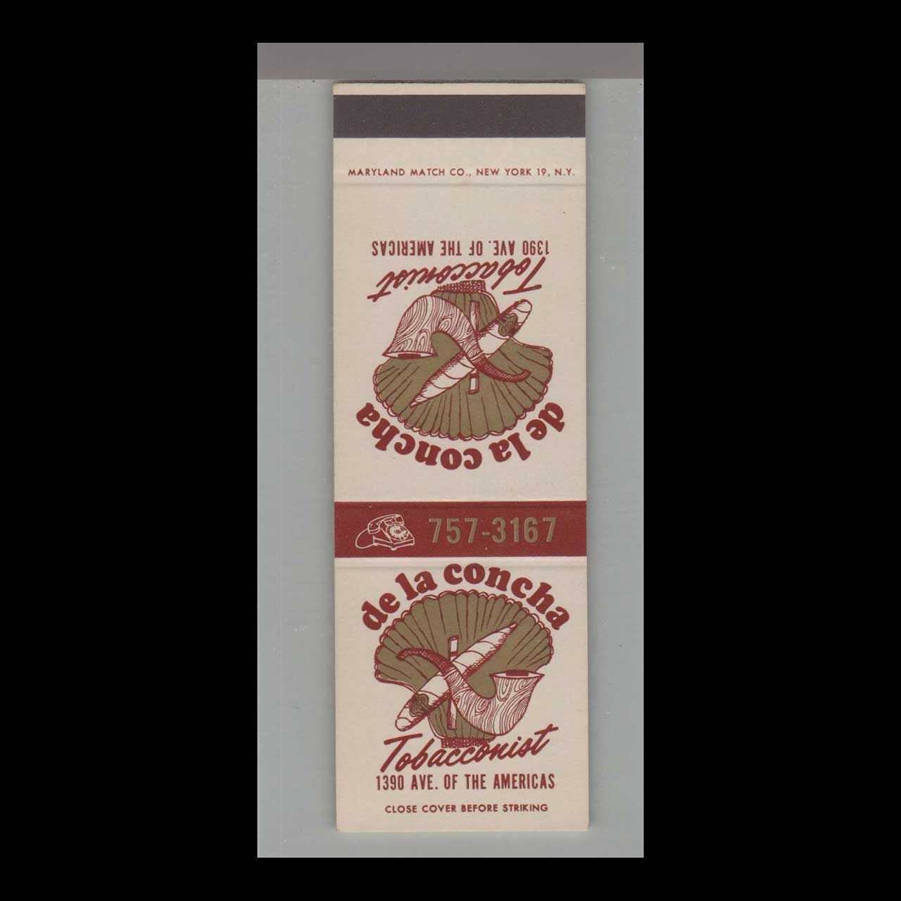de la Concha Tobacconist New York, NY Vintage Matchbook Advertising Cover