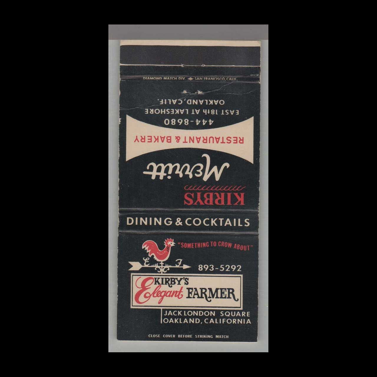 Rooster - Kirby&#39;s Elegant Farmer Oakland, CA Vintage Matchbook Advertising Cover