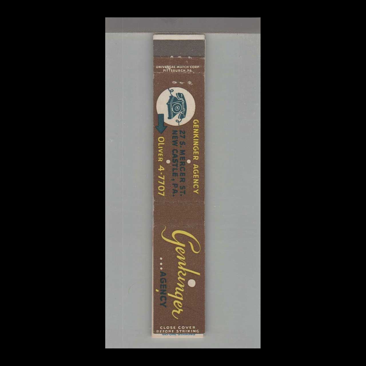 10 Strike  Genkinger Agency New Castle, PA Vintage Matchbook Advertising Cover