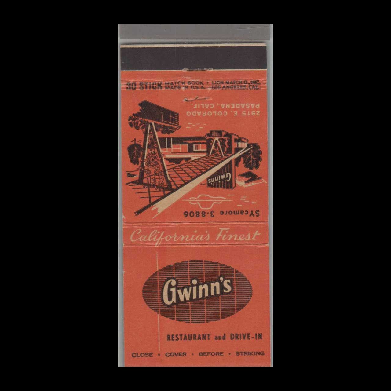 Gwinn&#39;s Restaurant &amp; Drive In Pasadena, CA Vintage Matchbook Advertising Cover