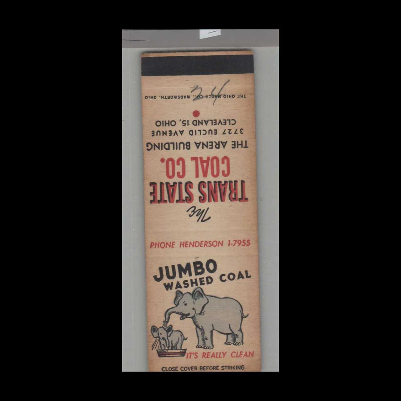 Elephant - Jumbo Washed Coal Trans State Coal Co. Cleveland, O Vintage Matchbook Advertising Cover
