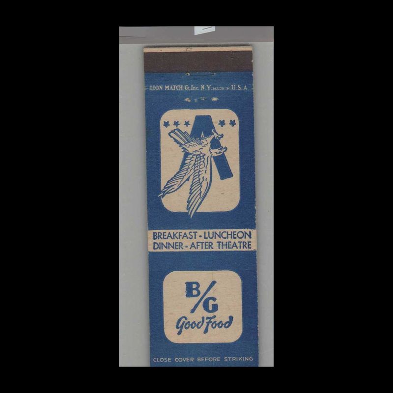 B/G Good Food After Theatre Vintage Matchbook Advertising Cover
