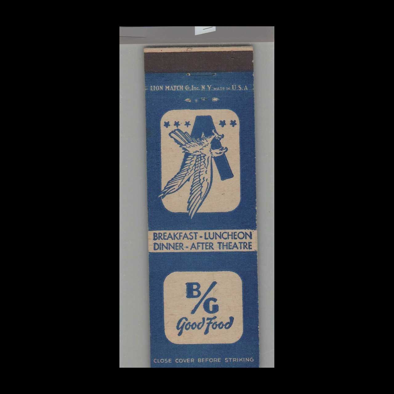 B/G Good Food After Theatre Vintage Matchbook Advertising Cover