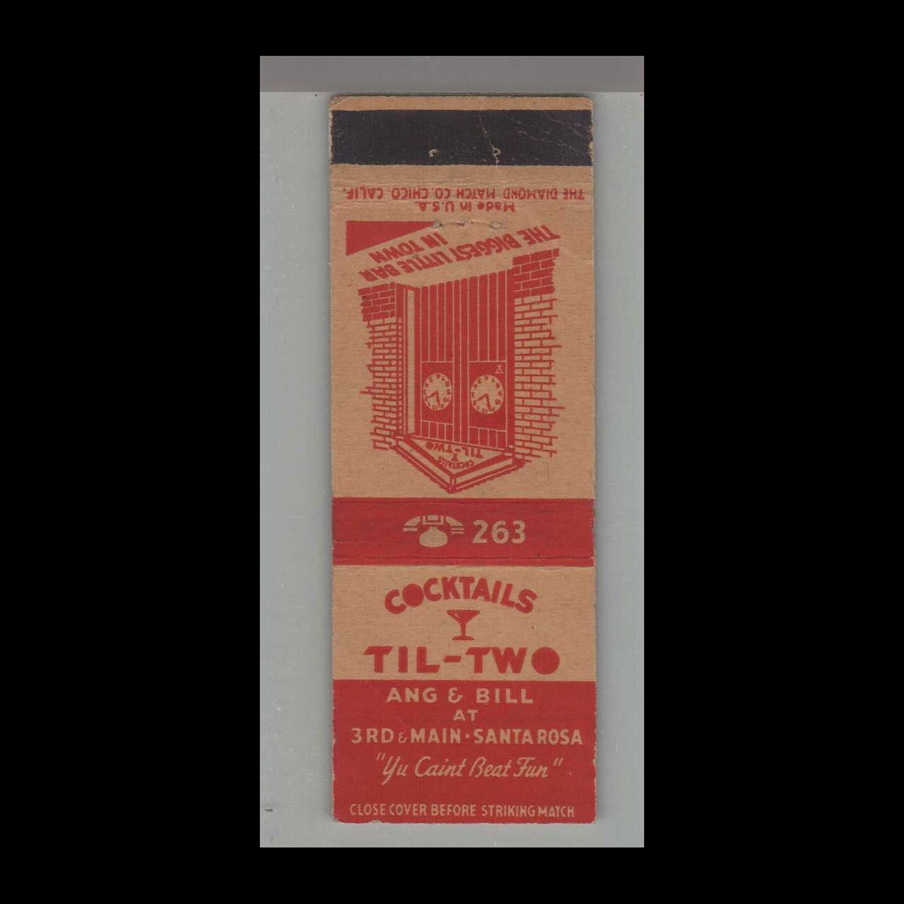 Cocktails Til-Two Night Club Santa Rosea, CA Vintage Matchbook Advertising Cover