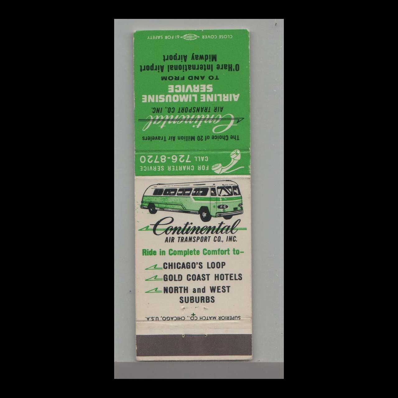 Continental Air Transport Co. Airline Limousin Vintage Matchbook Advertising Cover