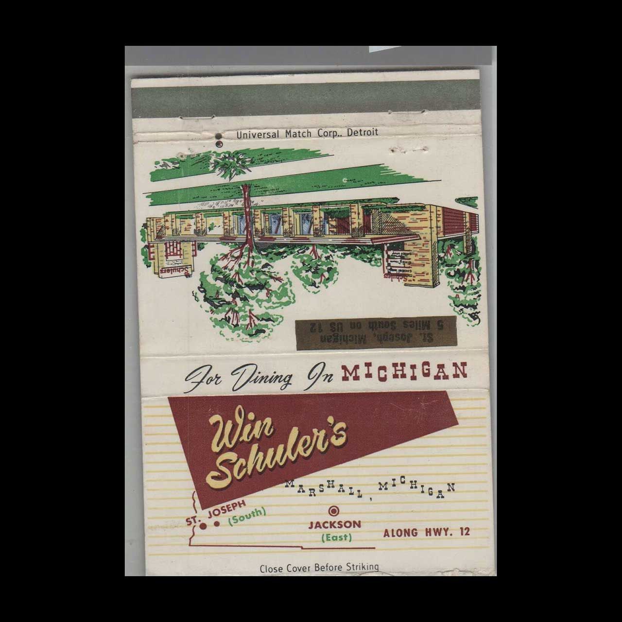Win Schuler&#39;s Restaurant St. Jackson, MI Vintage Matchbook Advertising Cover