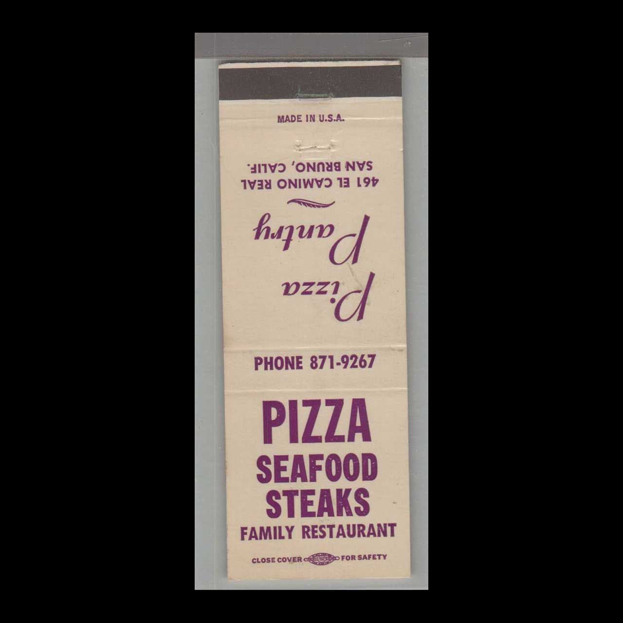 Pizza Place - Pizza Pantry San Bruno, CA Vintage Matchbook Advertising Cover