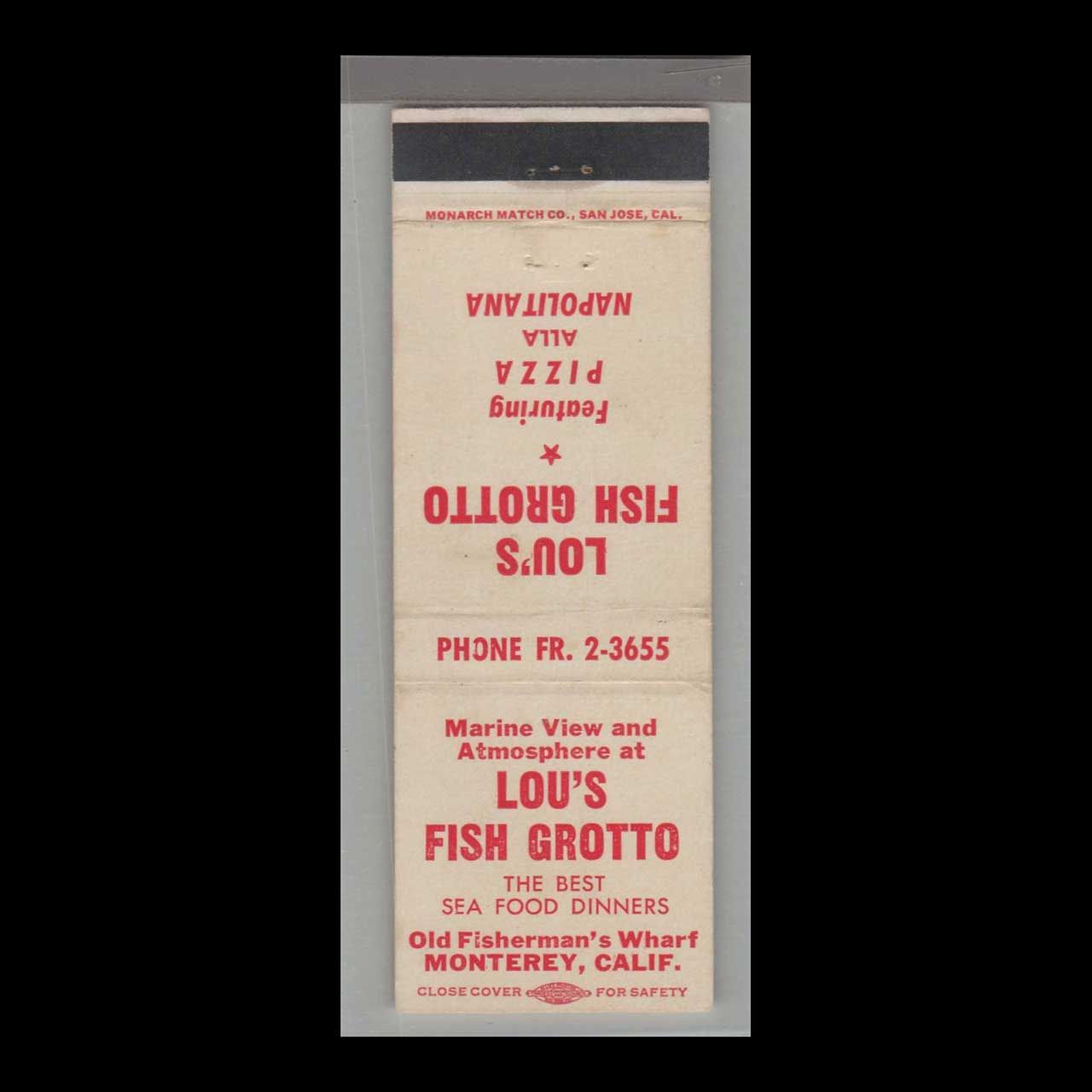 Pizza Place - Lou&#39;s Fish Grotto Monterey, CA Vintage Matchbook Advertising Cover