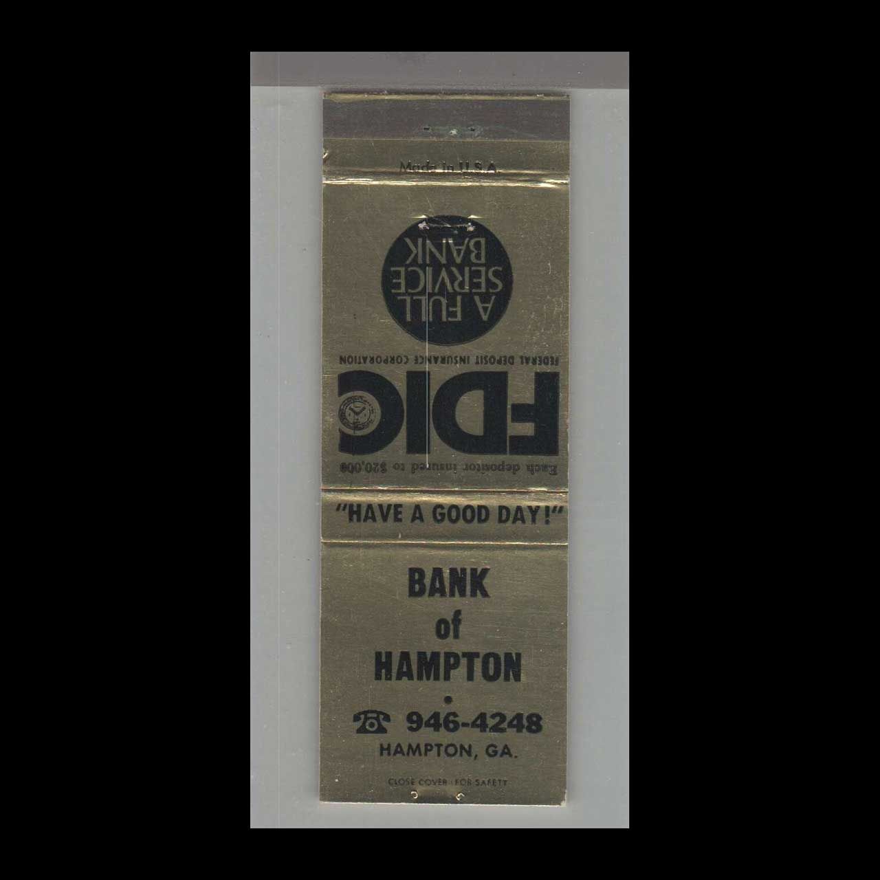 Telephone Pic - Bank of Hampton, GA Vintage Matchbook Advertising Cover