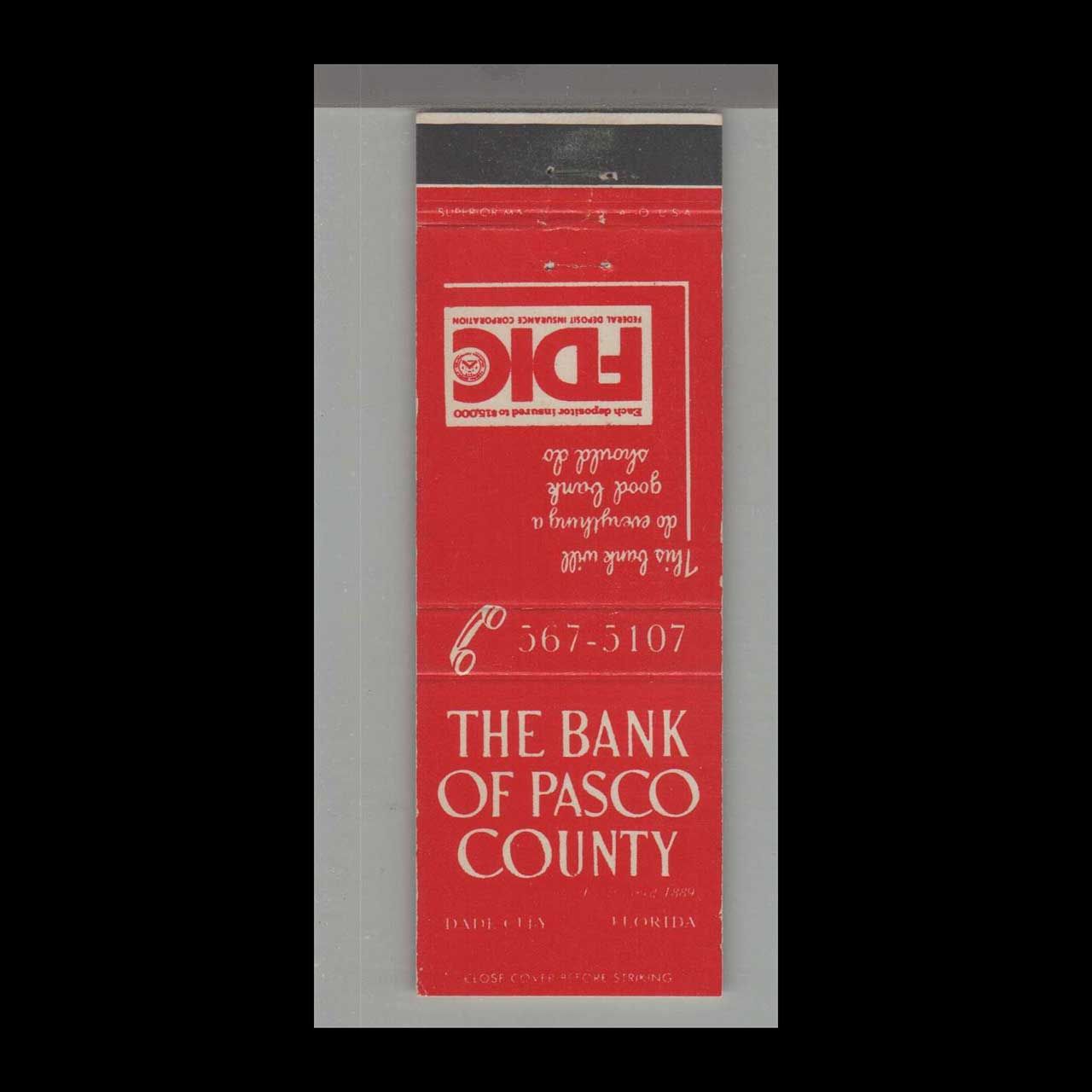 Telephone Pic - The Bank of Pasco County Dade City, FL Vintage Matchbook Advertising Cover