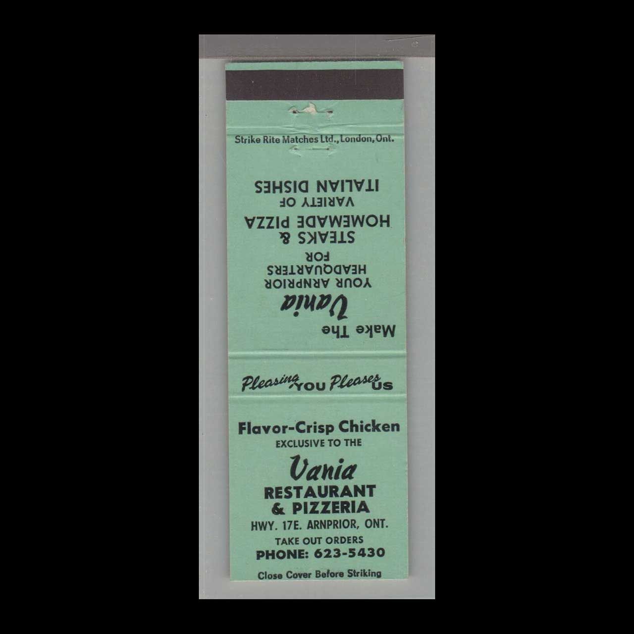 Pizza Place - Vania Restaurant &amp; Pizzeria Arnprior, Ontario Vintage Matchbook Advertising Cover