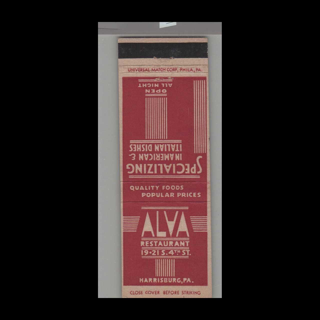 Alva Restaurant Harrisburg, PA Vintage Matchbook Advertising Cover