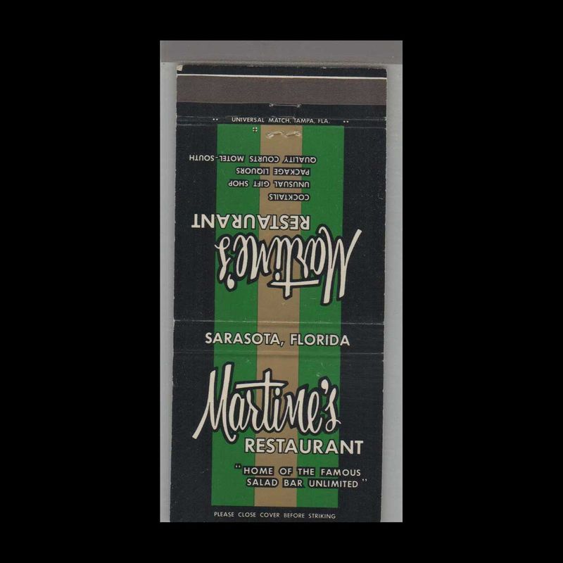 Martine&#39;s Restaurant Sarasota, FL Vintage Matchbook Advertising Cover