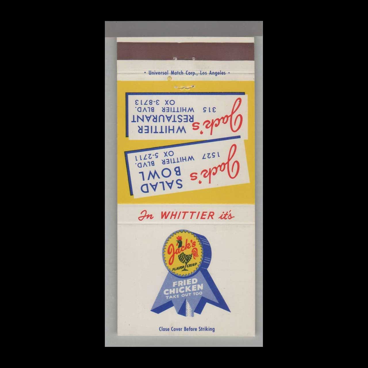 Rooster - Jack&#39;s Fried Chicken Los Angeles, CA Vintage Matchbook Advertising Cover