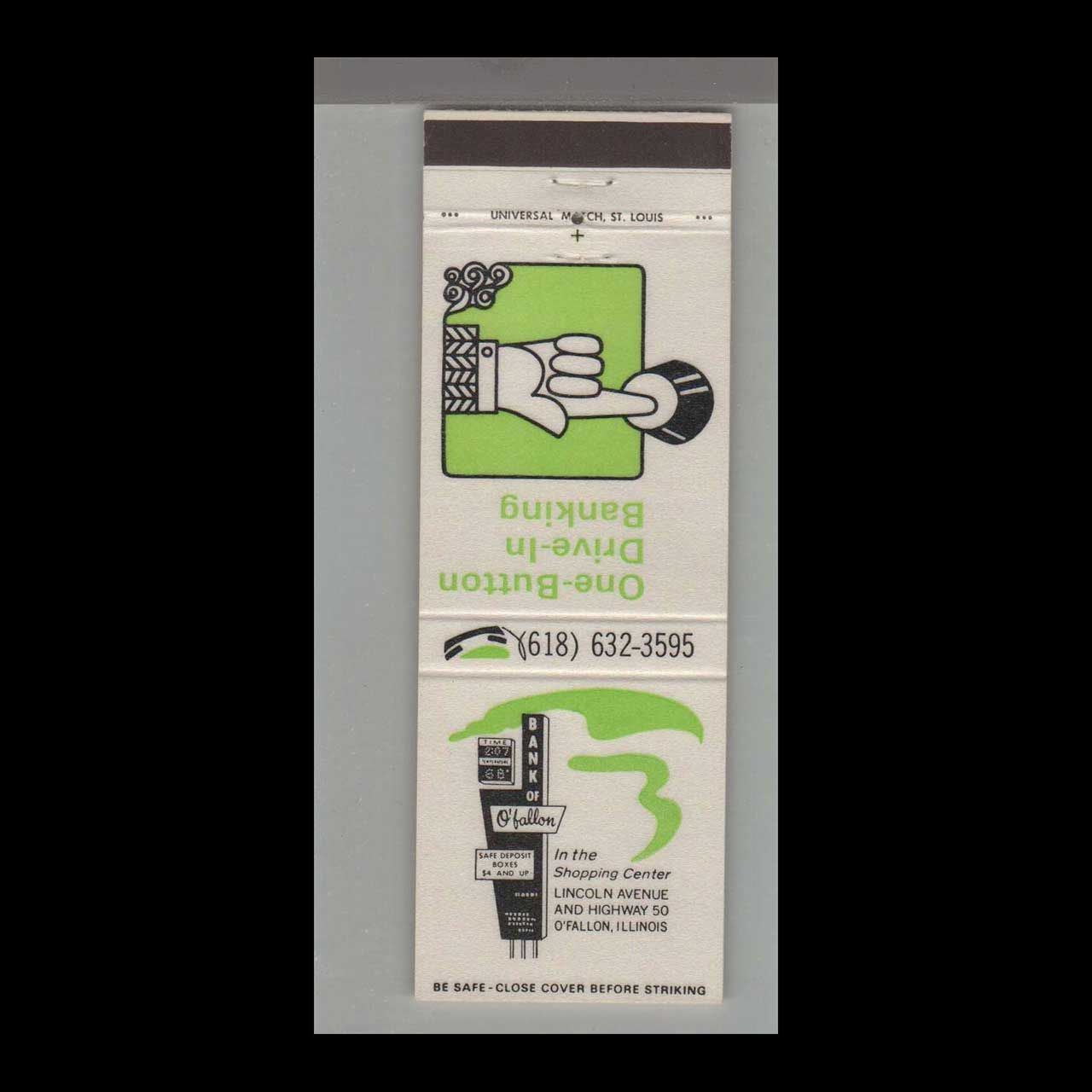 Telephone Pic - One Button Drive In Banking O&#39;Fallon, IL Vintage Matchbook Advertising Cover