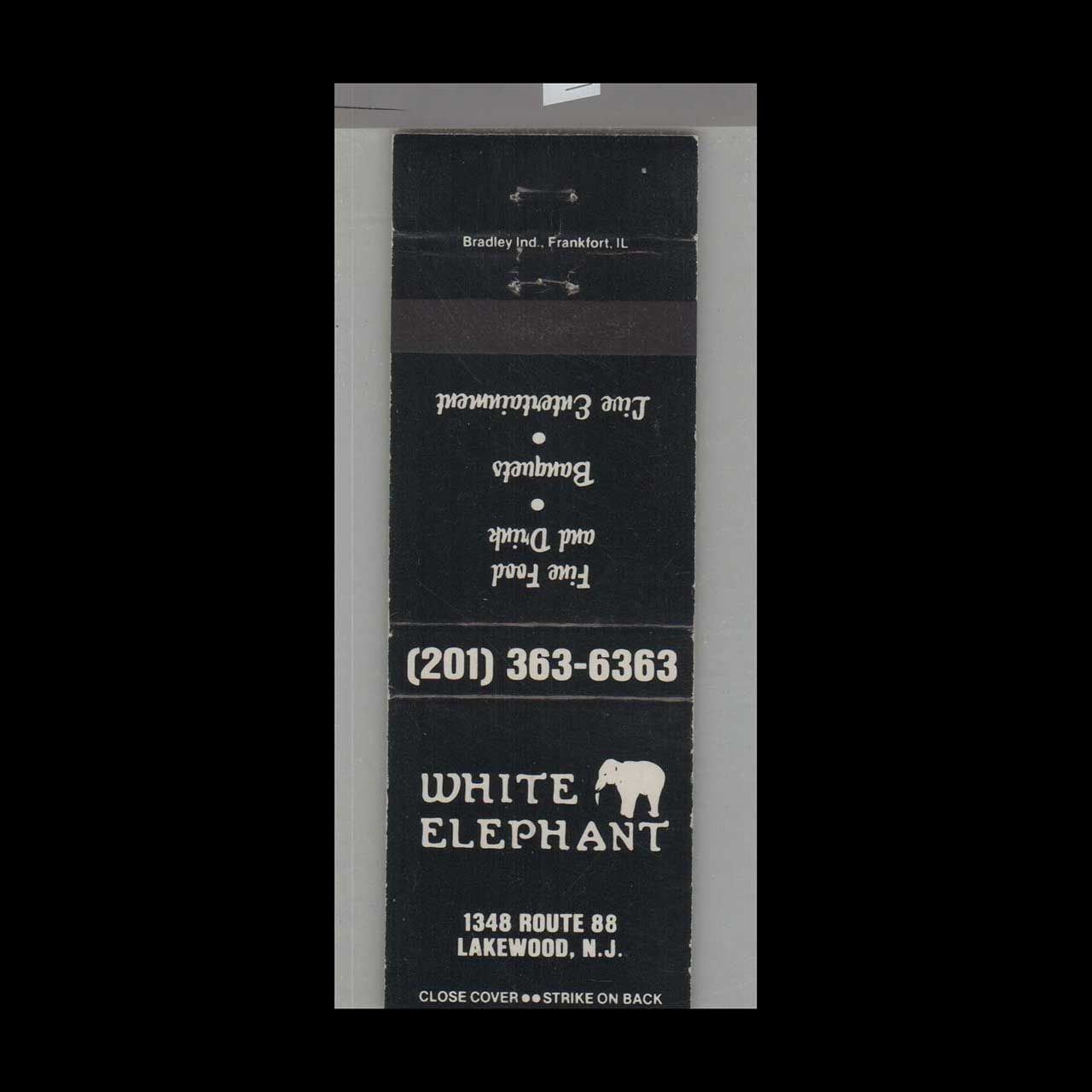 Elephant - White Elephant Restaurant Lakewood, NJ Vintage Matchbook Advertising Cover
