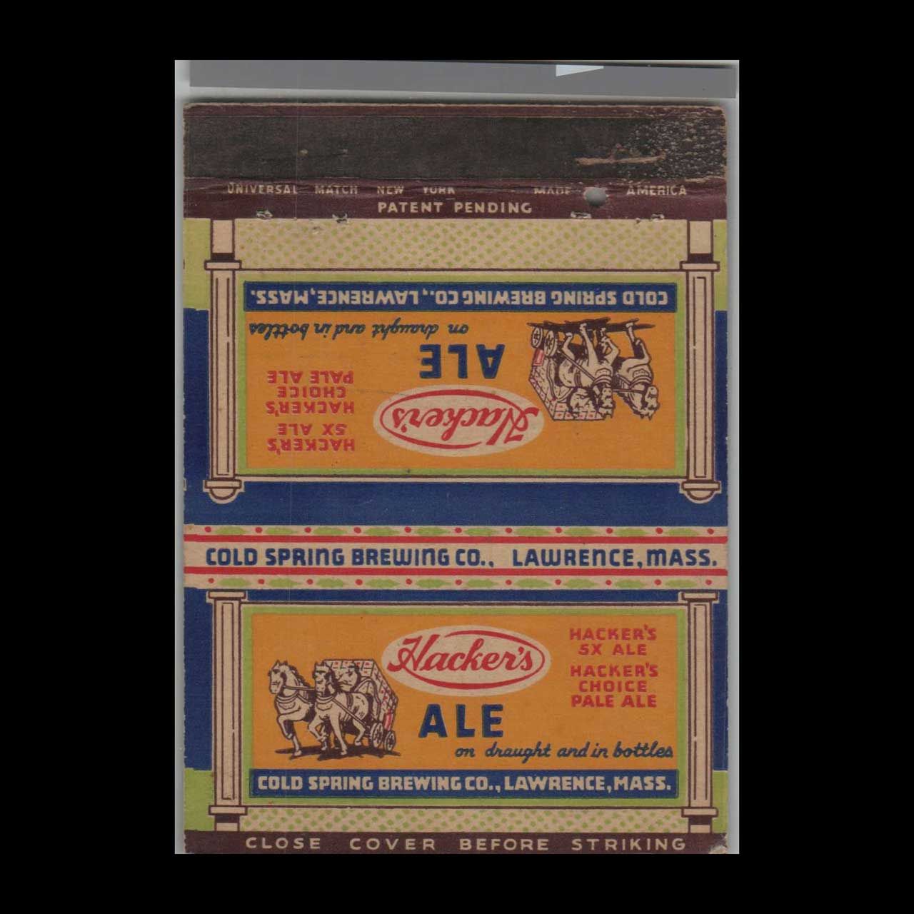 Hacker&#39;s Ale Cold Spring Brewing Co. Lawrence, MA Vintage Matchbook Advertising Cover