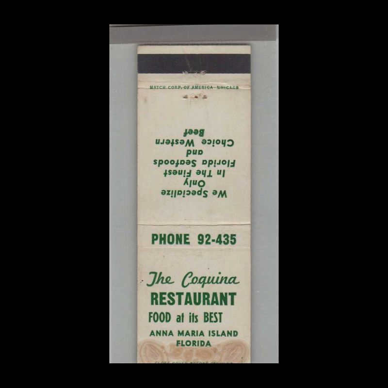 The Coquina Restaurant Anna Maria Island, FL Vintage Matchbook Advertising Cover