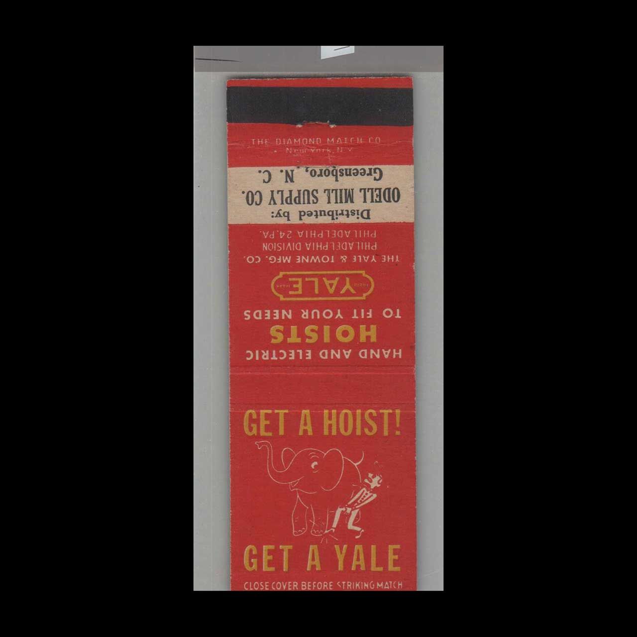 Elephant - Yale Hand &amp; Electric Hoists Odell Mill Supply Green Vintage Matchbook Advertising Cover