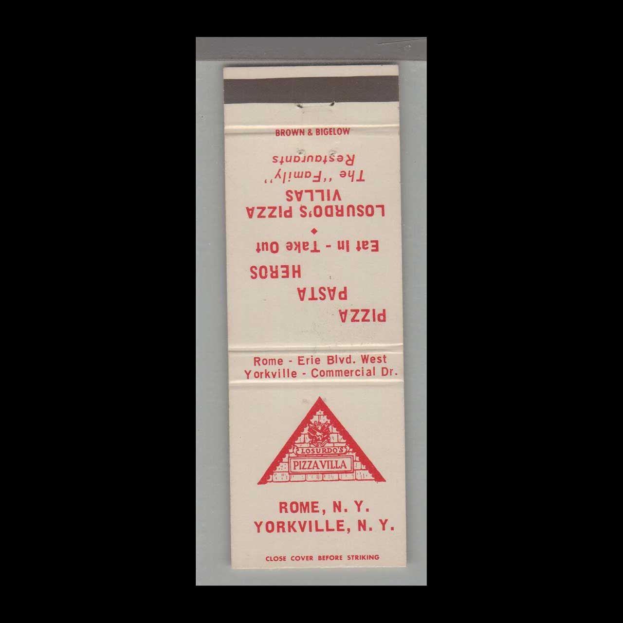 Pizza Place - Losurdo&#39;s Pizza Villa Yorkville, NY Vintage Matchbook Advertising Cover