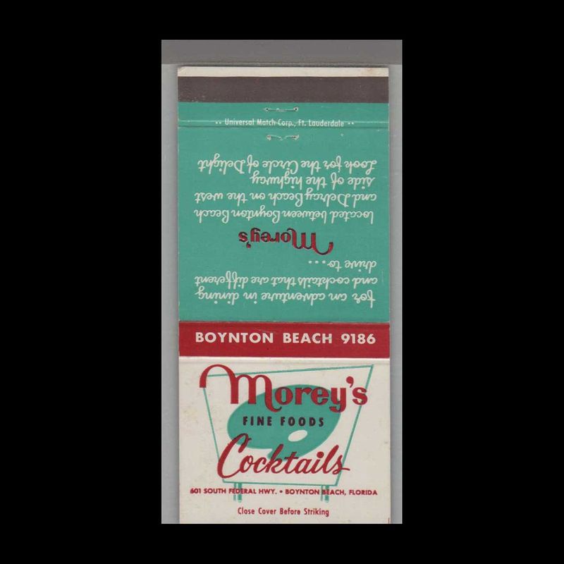 Morey&#39;s Fine Foods &amp; Cocktails Boynton Beach, FL Vintage Matchbook Advertising Cover