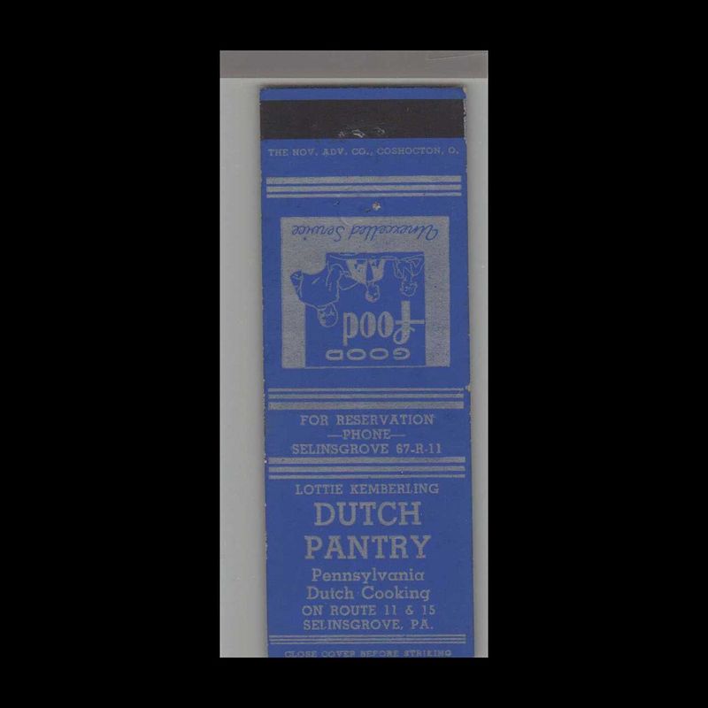 Dutch Pantry PA Dutch Cooking Selinsgrove, PA Vintage Matchbook Advertising Cover
