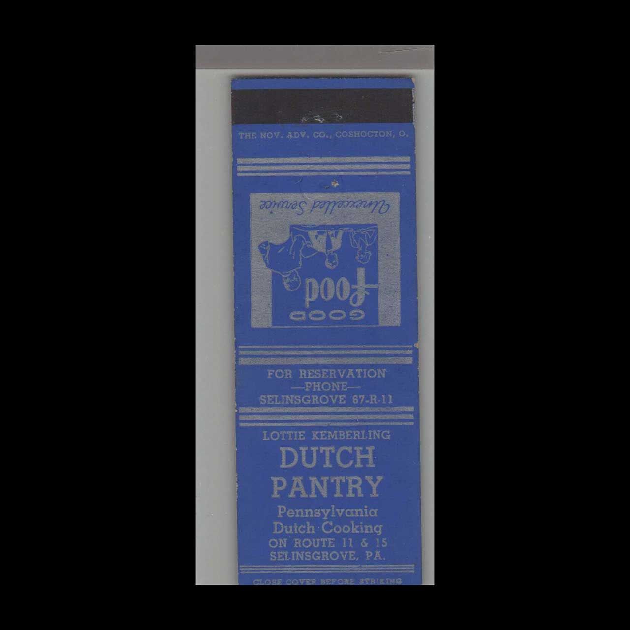 Dutch Pantry PA Dutch Cooking Selinsgrove, PA Vintage Matchbook Advertising Cover