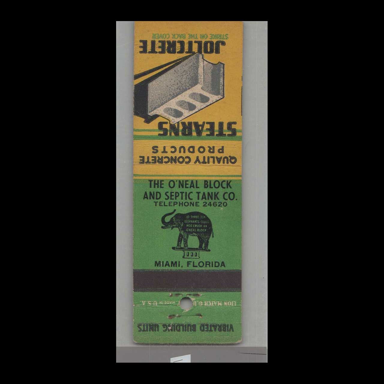 Elephant - Stearns Jotcrete Quality Concrete Products Miami, F Vintage Matchbook Advertising Cover