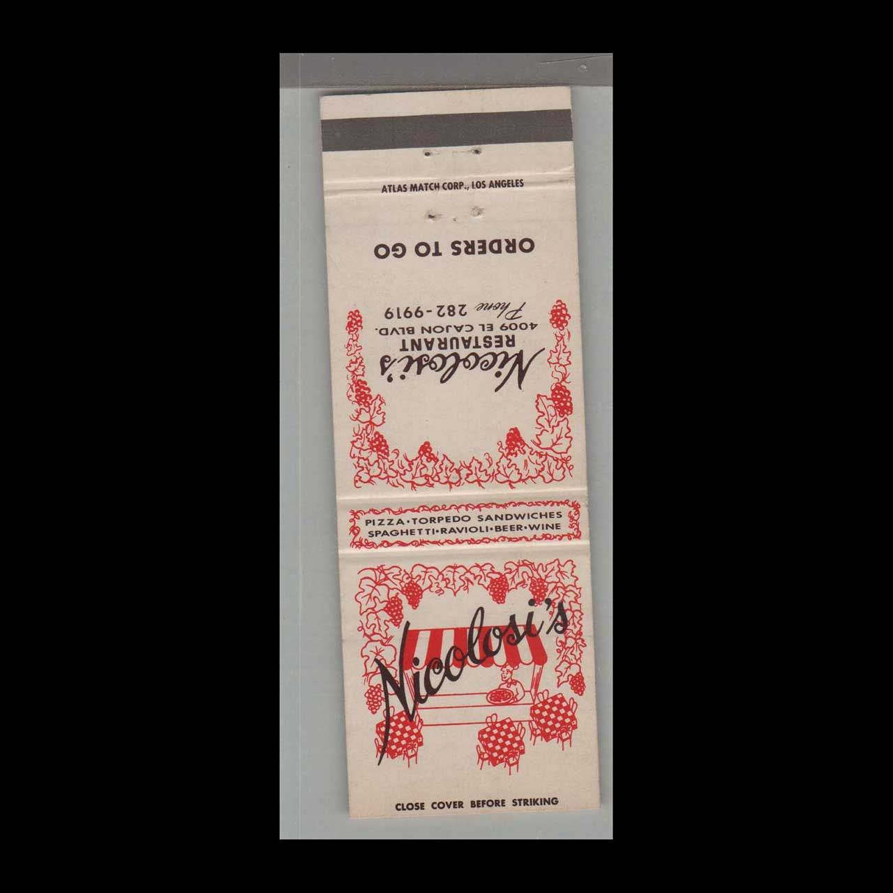 Pizza Place - Nicolosi&#39;s Restaurant El Cajon Blvd. Vintage Matchbook Advertising Cover